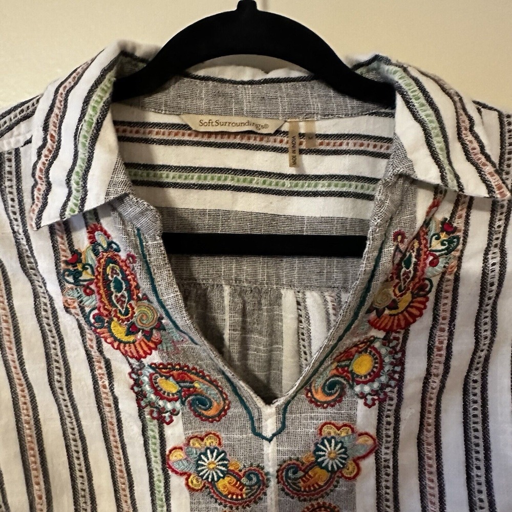 Soft Surroundings Floral Embroidery Top Paisley Tunic Stripe Pocket Roll Tab M‎ - Picture 5 of 16